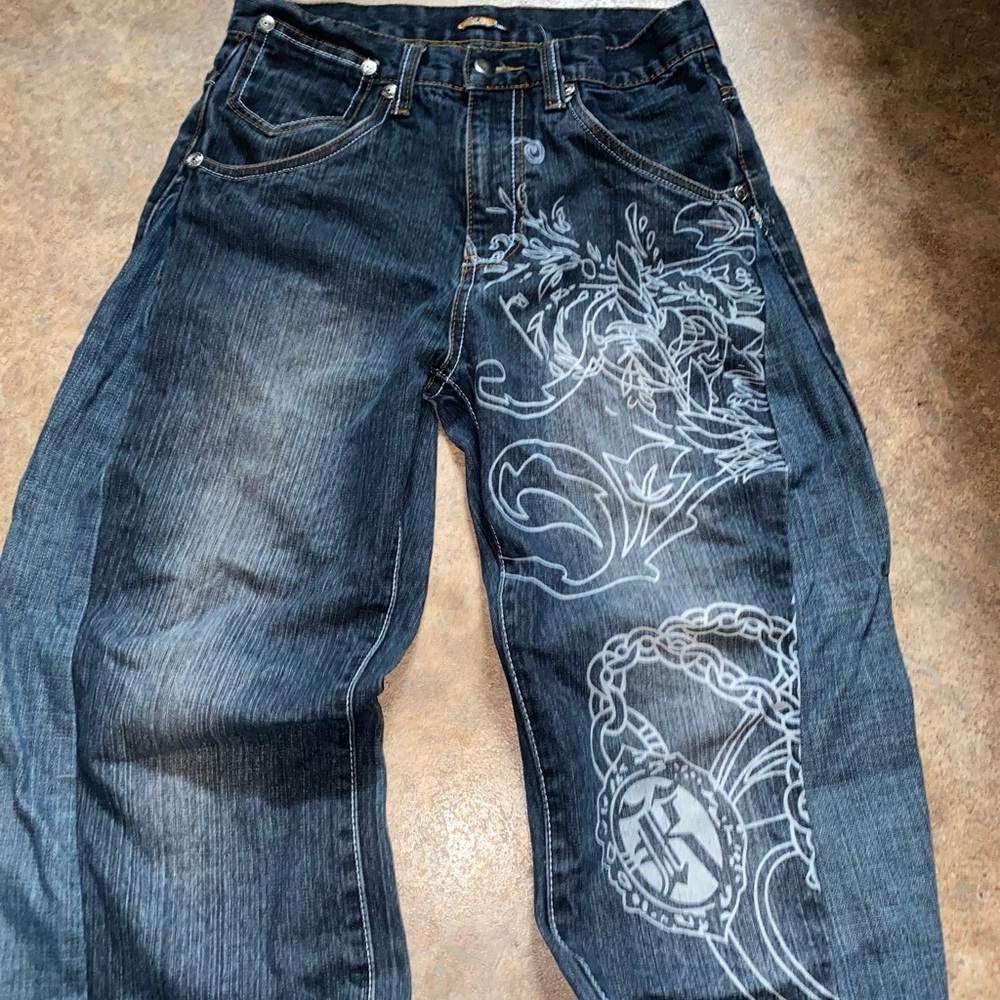 Ed Hardy Blue Relaxed Jeans with Ornate Design